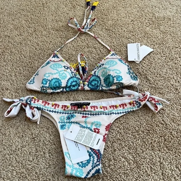 NWT! HEMANT & NANDITA printed size L off white Ananda two piece halter swim suit